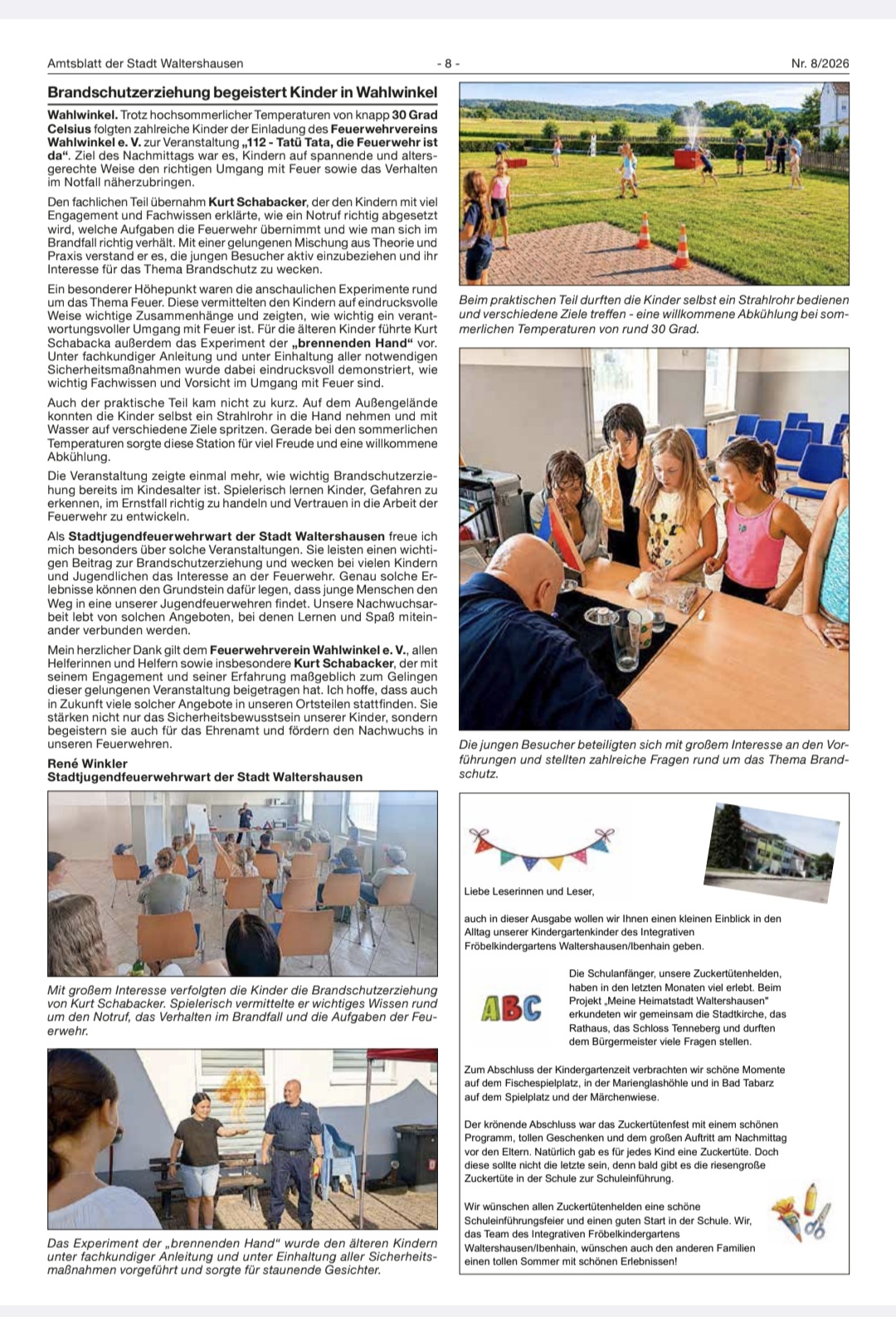 Amtsblatt der Stadt Waltershausen Nr. 8/2026, Seite 8: Brandschutzerziehung begeistert Kinder in Wahlwinkel
